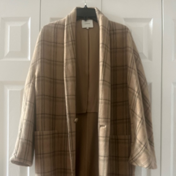 Vince Plaid Wool Blend Collarless Long Coat - Picture 2 of 5